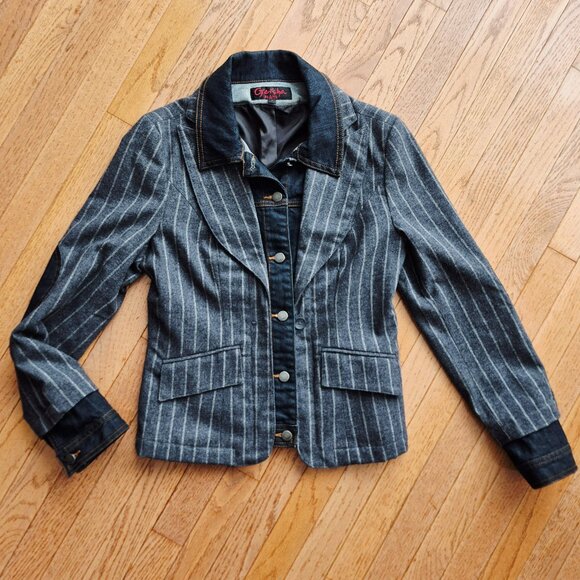 2 in 1 Geisha Jeans Denim Pinstripe Blazer Jean Jacket Layer - Picture 1 of 12